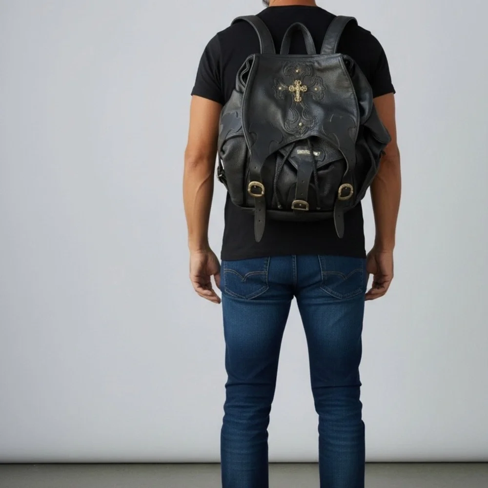Chrome Hearts Cross Patch Leather Backpack with Sterling Cross Hardware